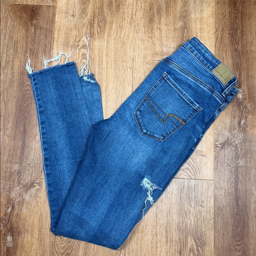 American Eagle Blue Super‎ Hi-Rise Jegging Super Stretch Dark Wash Distressed